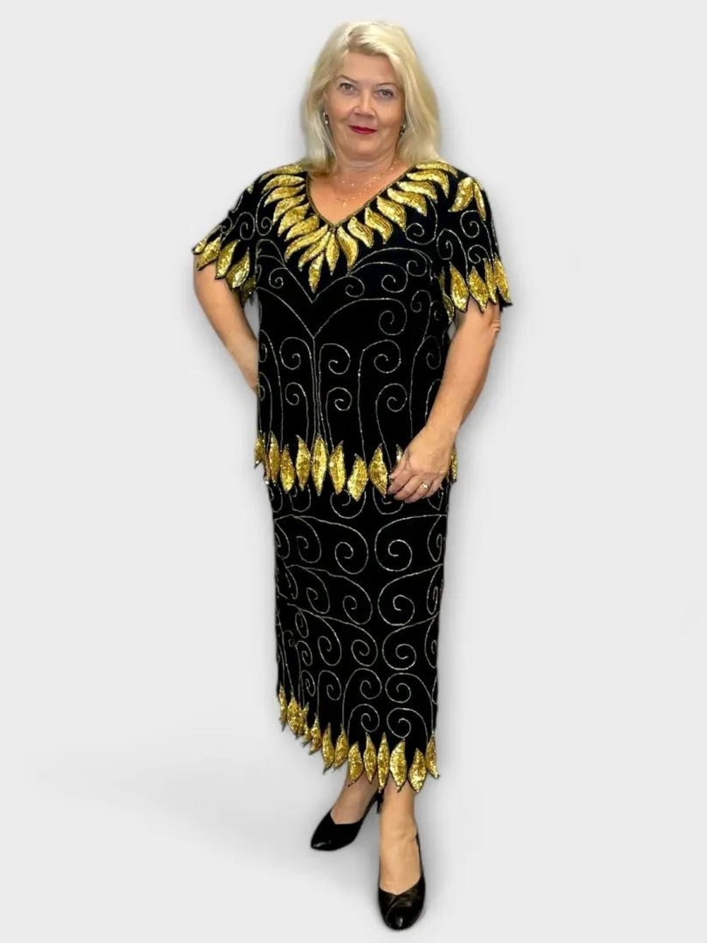 Anne Ashley Vintage Black And Gold Tunic Set Size 16